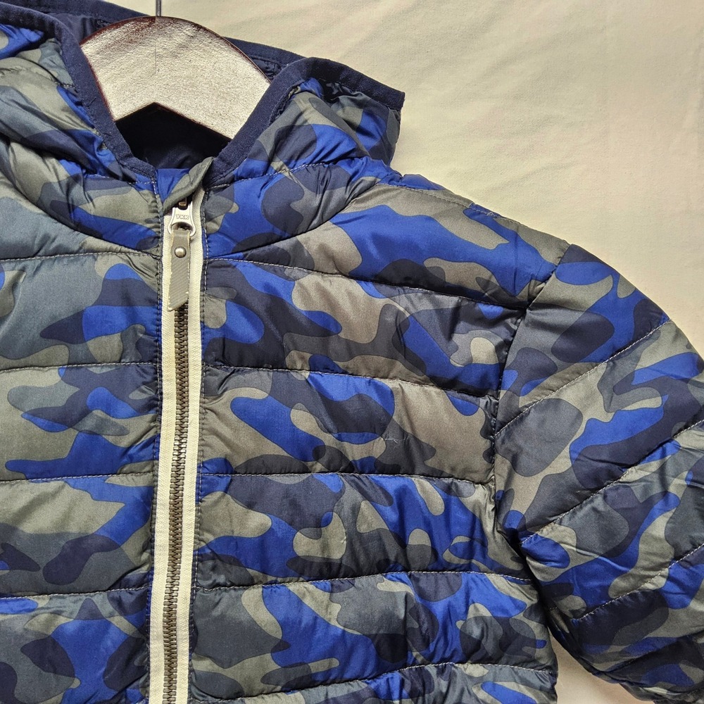 Hanna Andersson Puffer Jacket Kids 120 Blue Camo Down Filled Hooded Full Zip